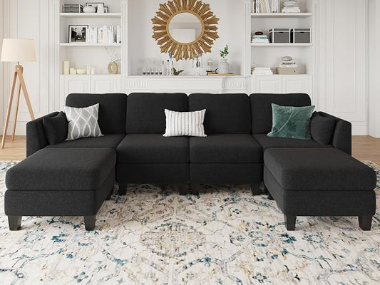 Modular Sectional Sofa, 6 Seaters Modular Sleeper Sofa Couch, Comfy Sectionals Couches Bed, Convertible Sofas with Ottomans, Sectional Couches for Living Room, Black