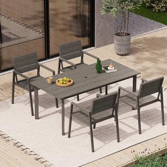 67" Rectangle HDPS Patio Dining Table, Aluminum Outdoor Patio Dining Table with Umbrella Hole, Weather-Resistant for Lawn, Garden, Yard, Poolside and Indoor Use (Gray & Teak)