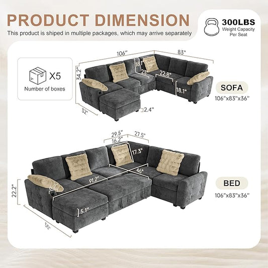 Hanherry Sectional Couch with Pull Out Sofa Bed,Chenille Sleeper Sofa with Storage Ottoman & USB Charging,Comfy L Shaped Modular Couches for Living Room,Apartment