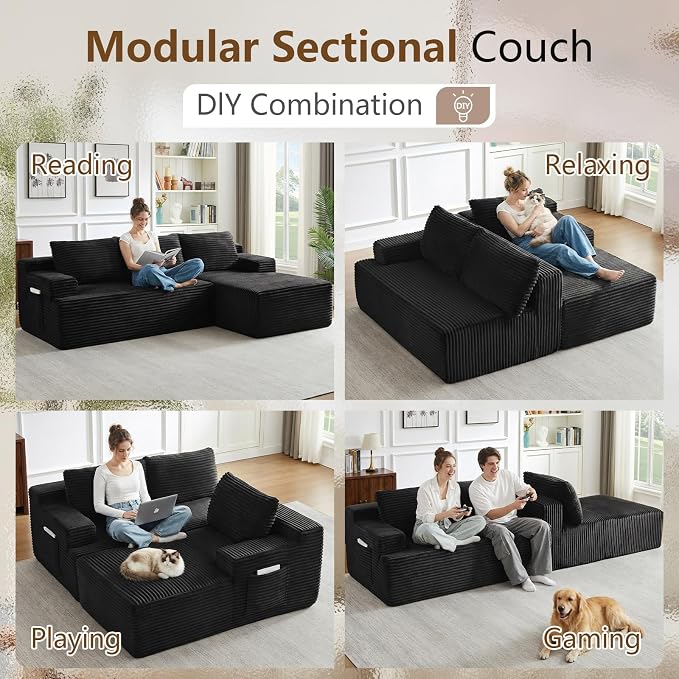 96" Cloud Sectional Couch with L-Shape Chaise, Modular Comfy Sofa Chaise Longue, Upholstered Corduroy Couches Sleeper with Deep Seat for Living Room Bedroom, No Assembly Required(Black, Right Facing)