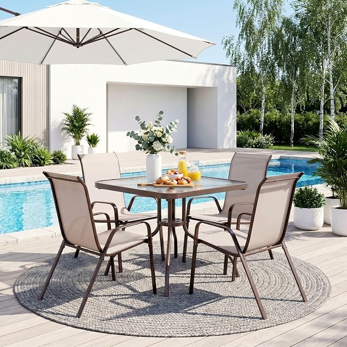 TLSUNNY Patio Dining Set 5 Pieces, All Weather Outdoor Furniture W/30"X 30" Table and 4 Stackable Textilene Chairs, Metal Table and Chairs for Patio, Lawn, Garden, Poolside, Backyard (Beige)