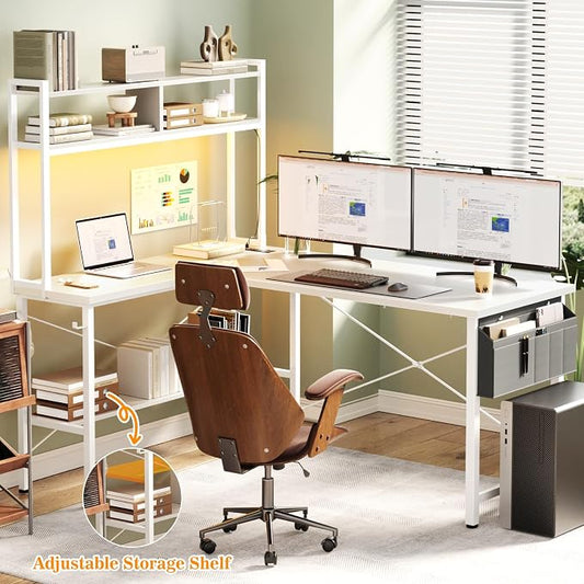 Aheaplus L Shaped Desk Gaming Desk, 59" L Shaped Computer Desk with LED Light & Power Outlet, Reversible Home Office Desk Gamer Desks with Shelves & Storage Bag & Hooks, Corner PC Desk, White