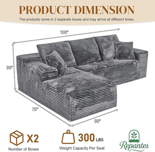 108" L Shaped Boneless Sectional Couches for Living Room, Comfy Corduroy Floor Cloud Sofa with Chaise, Wide Armrest, Deep Seat, Memory Foam, Assembly Free, Ideal for Small Spaces, Grey
