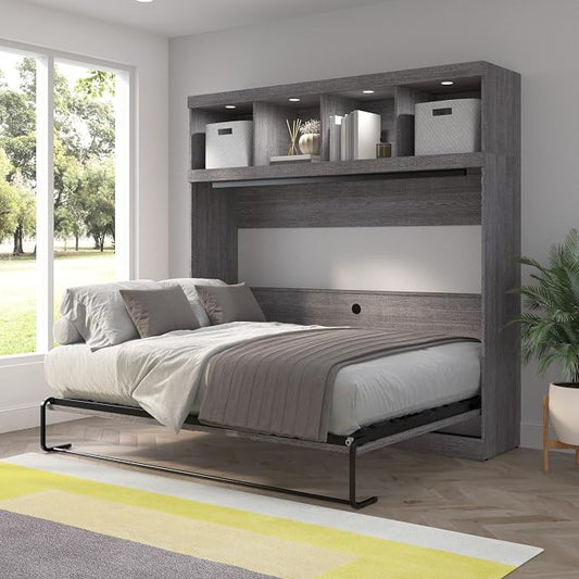 Bestar Queen Size Horizontal Murphy Bed with Storage and Charging Station, 80-inch, for Bedroom or Guestroom, Pur Collection, Modern, Gray
