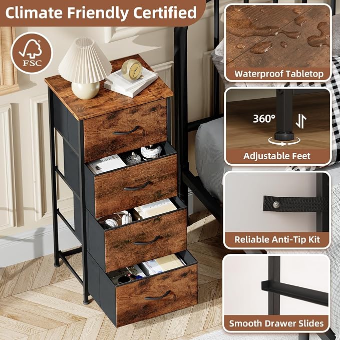 Somdot Dresser for Bedroom with 4 Drawers, Storage Organizer Chest of Drawers with Removable Fabric Bins for Closet Bedside Living Room Laundry Entryway Hallway, Wood Grain Print
