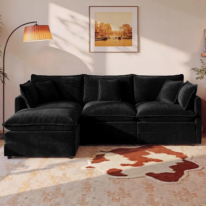 111.5" Modular Sectional Sofa, Large L Shaped Sectionals Cloud Couch, Big Comfy 3-Seat Couch with Ottoman, 4 Seater Chenille Sectional Sofa with Deep Seat and 5 Pillows for Living Room- Black