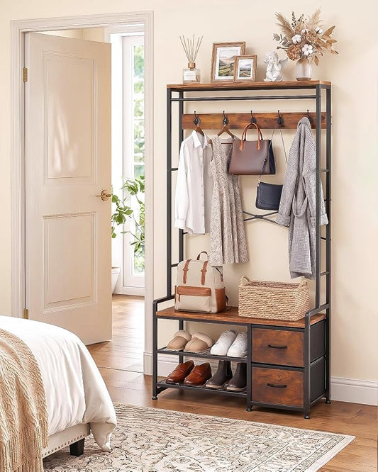 Faesun Hall Tree with Bench and Shoe Storage, Coat Rack, 5-in-1, 31.5" Entryway Bench with 2 Fabric Drawers, Mudroom Bench with Storage and Hooks, Rustic Brown