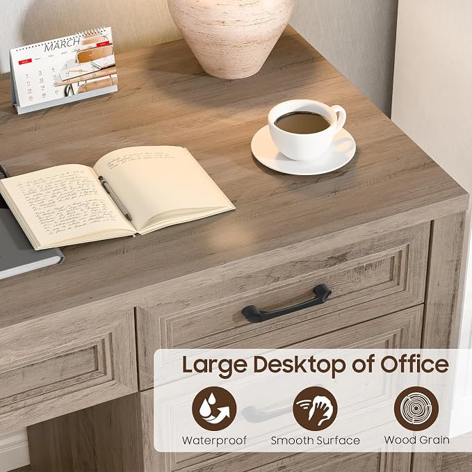 Vabches Farmhouse Executive Desk with Storage and Ample File Drawer, Rustic Large Home Writing Desk for Bedroom, Grey
