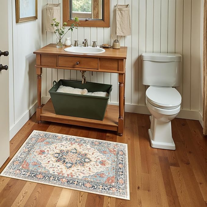 RELEANY Area Rugs Small 2'x4' Washable Non-Slip, Floral Vintage Distress Medallion Carpet for Kitchen Entryway Bathroom, Beige Navy Blue Orange Colorful
