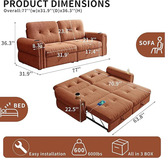 Convertible Couches, Queen Size Pull Out Sofa Bed with USB Charging Port and Cup Holders, Chenille Fabric Convertible Sofa Bed for Small Space, Living Room, Apartment, Guest Room, Orange