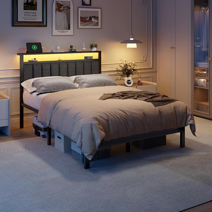 Furnulem Full Size Bed Frame with Charging Station and LED Lights, Platform Bed with Metal Slats, Grey Upholstered Headboard with 2-Tier Storage Shelves, No Box Spring Needed
