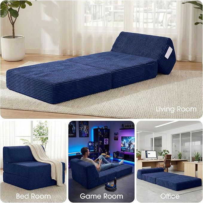 Kasunpul Folding Sofa Bed with Pillow, Memory Foam Fold Out Chair Bed, Convertible Sleeper Chair with Washable Cover, Futon Floor Couch for Living Room/Dorm/Guest Use/Home Office/Apartment, Navy Blue