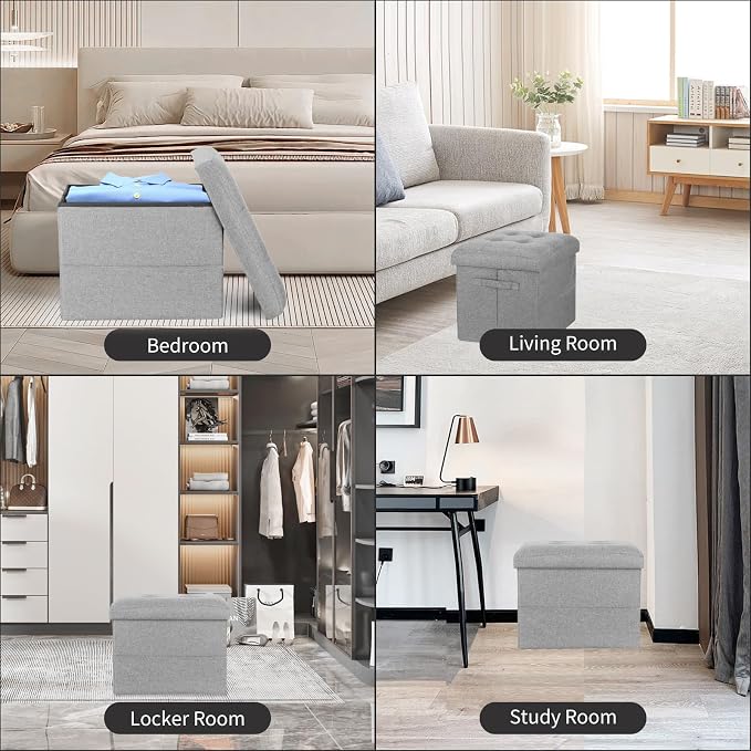 Folding Storage Ottoman, Linen Footstool Bench with Thicker Foam Padded Seat. Ottoman Foot Rest for Living Room, Bedroom, Home Office, Coffee Table. 350lbs Load Capacity, 17x13x13in, Light Gray