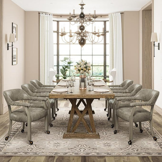 LEEMTORIG Set of 6 Dining Chairs with Casters and Arms, Large Rolling Dining Chairs with Wheels, Accent Poker Table Chairs, Solid Wood Office Desk Chairs, 26"D x 25.2"W x 31.5"H, Soft Grey SY-1318-UA