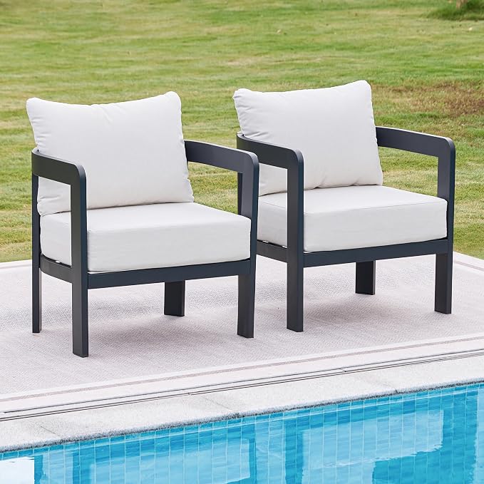 Outdoor Furniture Set, 2Pcs Patio Armchairs, Metal Modern Outside Furniture with 6'' Thick Cushions, Outdoor Conversation Set Balcony Chairs for Backyard, Porch,Deck, White