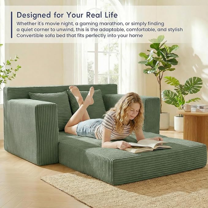 cidludto Convertible Sofa Bed, Boneless Couch 2 in 1 Loveseat Folding Couch Bed Foldable, Chair Bed & Futon Sofa Bed, Small Corduroy Pull Out Sofa with 4 Pillows for Living Room, Green
