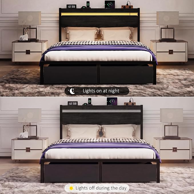 Queen Bed Frame with Drawers, Platform Bed with LED Lights & Charging Station, Wood Headboard, Strong Metal Slats Support, No Box Spring Needed, Noise Free, Easy Assembly