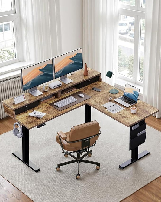 ErGear L Shaped Electric Standing Desk, 63" Ergonomic Corner Height Adjustable Desk with Drawers, Sit Stand Computer Table with Storage for Work Office Home, Vintage Brown
