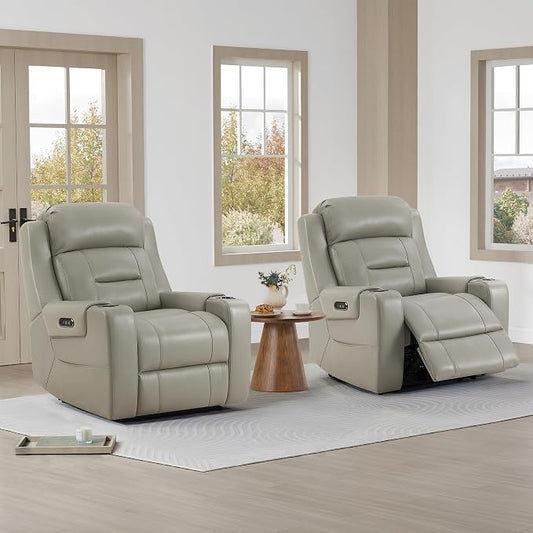 Watson & Whitely Oversized Genuine Leather Power Recliner Chairs for Big and Tall, Extra Wide Lay Flat Recliner with Power Headrest & Cup Holders, Electric Reclining Sofa for Living Room, Grey