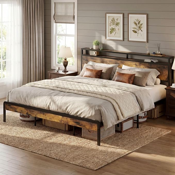 LIKIMIO California King Size Bed Frame, Platform Bed with Storage Headboard | Metal Bed Frame, Solid and Stable, Noise Free, No Box Spring Needed, Easy Assembly, Durable, Industrial Brown