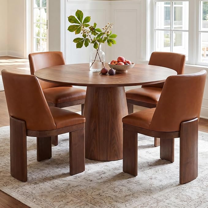 RIVOVA Upholstered Dining Chairs Set of 2, Modern Wooden Dining Room Chair PU Leather Kitchen Chairs Farmhouse Dinner Chair, Brown