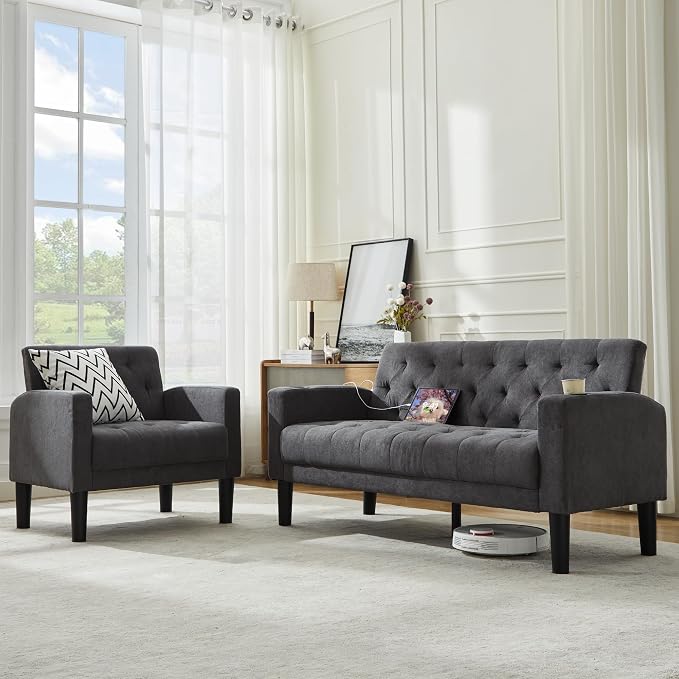 TYBOATLE 62" W Loveseat Sofa w/ 2 USB Charger Ports and 2 Cupholders, Mid-Century Modern Tufted Linen Fabric Small Love Seat Couches for Compact Living Room, Bedroom, Apartment, Dorm