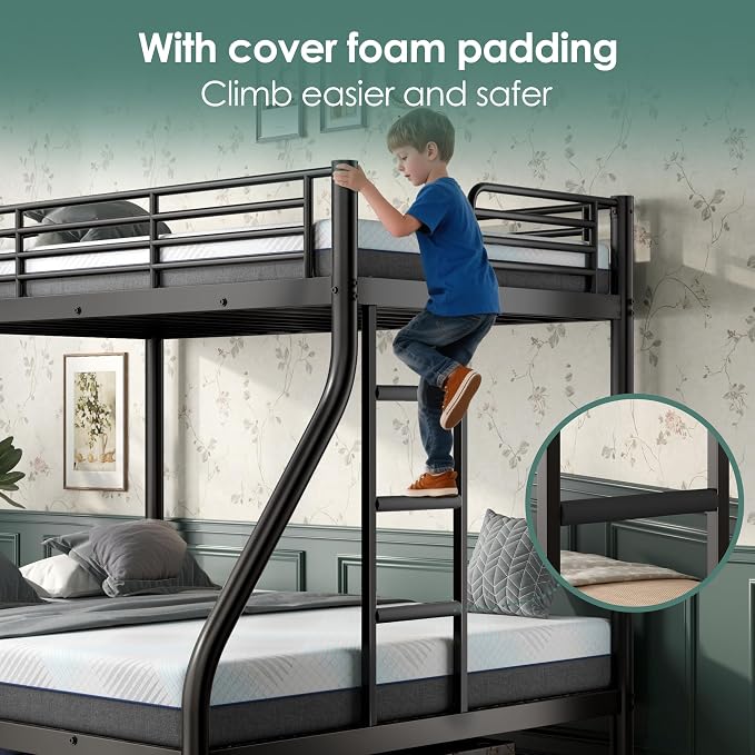 Bunk Beds Twin XL Over Full Size with 6" Mattresses Included, All-in-One Bunk Bed for Kids/Adults, Heavy Duty Sturdy Frame with Ladder Guardrail, with Memory Foam Mattresses, Black
