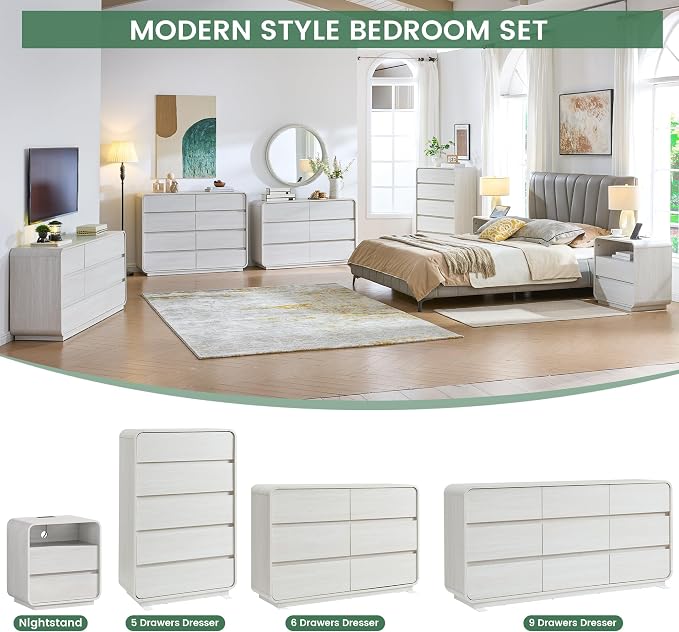 Standifurno White Dressers of 9 Drawers, Chest Dresser with Deep Drawers, Modern Dresser Closet for Bedroom, Curved Drawer with Large Storage, 57'' Wide