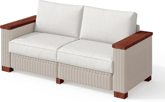 PaPaJet Outdoor Loveseat Patio Sofa, Wicker Couch with Solid Armrests & Legs, 4.7" Thick Cushion, UV-Resistant Modular Sofa for Porch, Backyard, Garden