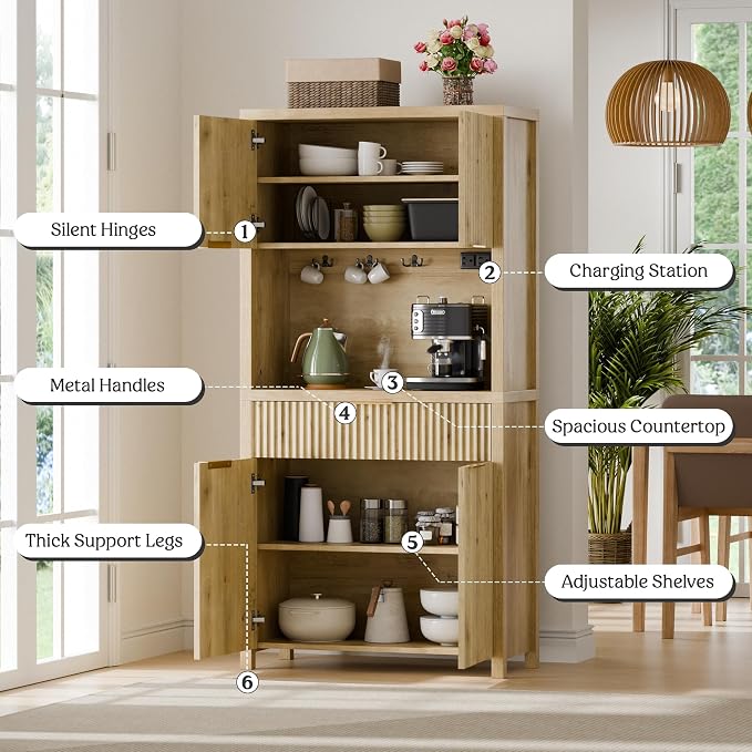 Lulive 71" Fluted Pantry Cabinet with Charging Station, Natrual | Adjustable Shelves, Open Countertop, Drawer, Spacious Kitchen Storage