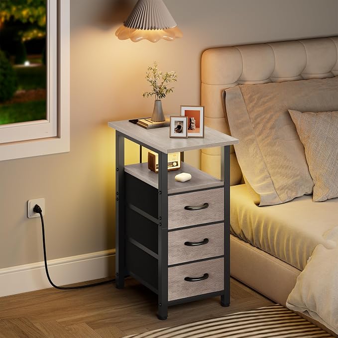 Vagusicc Nightstand with Charging Station and LED Lights, Narrow End Table, LED Night Stand with 3 Fabric Drawers for Bedroom, Small Side Table for Small Spaces, Greige