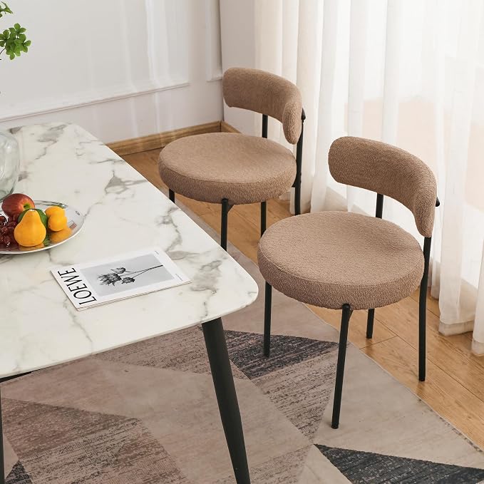 EDWELL Dining Chairs Set of 2, Round Upholstered Dining Room Chairs with Black Metal Legs, Modern Boucle Dining Chair for Dining Room, Kitchen, Living Room, Capacity 330lbs