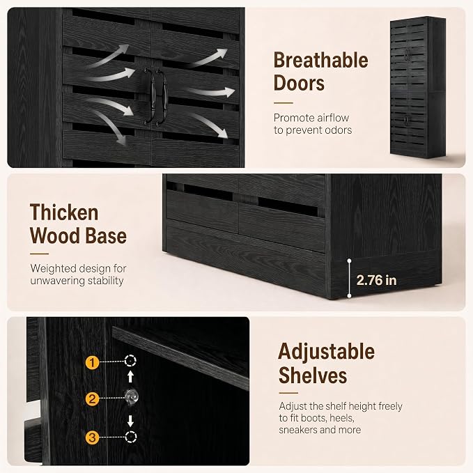 Tribesigns 71 in. Tall Shoe Cabinet with Doors,9-Tier Rustic Black Wood Vertical Shoe Storage with Adjustable Shelves and Metal Handle for Entryway,Living Room,Hallway