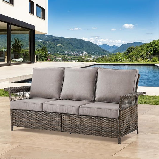 Patio Wicker Sofa 3-Seat Sofa Brown PE Rattan Couch with Water-Resistant Seat Back Cushions Resin Wicker Couch for Garden Balcony Backyard Deck Porch Sunroom, Sofa(1PC), Brown|Grey