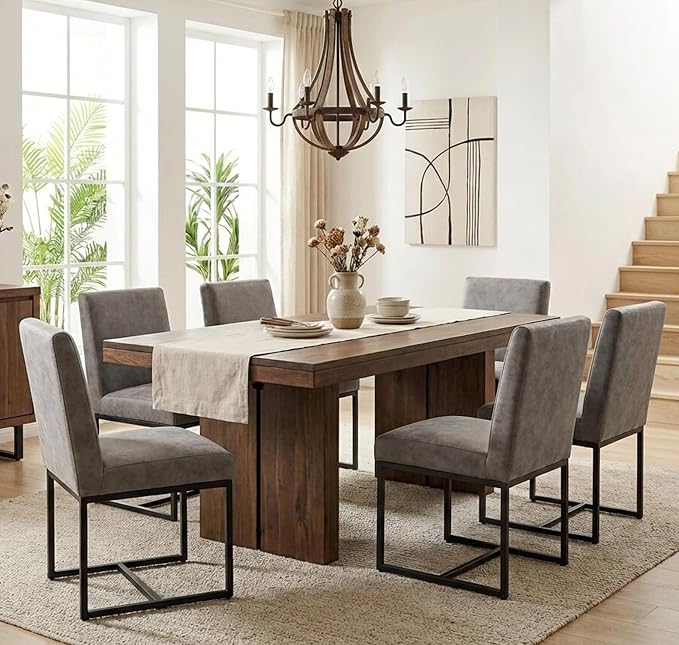 VESCASA Faux Leather Upholstered Dining Chairs with Black Metal Frame, Mid Century Modern Padded Kitchen Chair with Adjustable Foot Pads for Restaurant, Dining Room, Set of 4, Light Grey