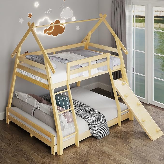 KOTEK Twin Over Queen Bunk Bed, House Bunk Beds with Climbing Nets and Ramp, No Box Spring Needed, Solid Wood Low Bunk Bed Frame for Kids Boys Girls (Natural)