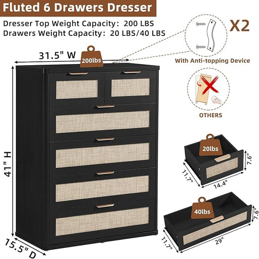 LEYAOYAO Rattan Dresser for Bedroom Set of 2, 42" Tall Chest of Drawers, Modern 6 Drawers Boho Dressers with Storage, Light Oak Dresser Wooden Closet Organizer for Living Room, Hallway, Black