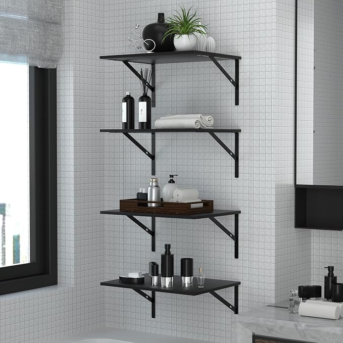 Deep Floating Wall Shelves - 4 Sets of 12 Inch Wide Black Wood Shelves for Bathroom, Bedroom, Kitchen, Living Room