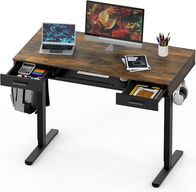 SHW 48-Inch Electric Height Adjustable Desk with Keyboard Tray and 2 Drawers, Rustic Brown
