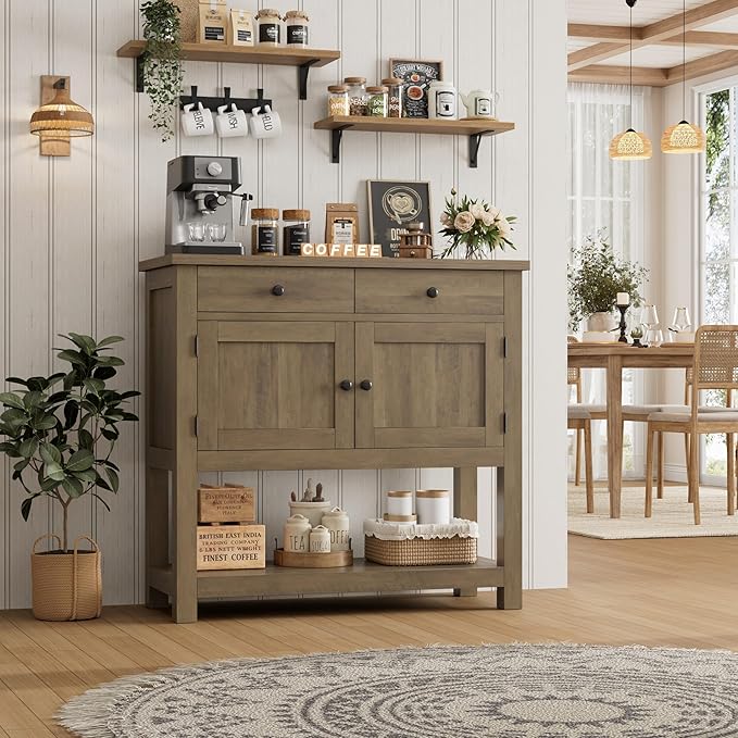 HOSTACK Farmhouse Console Table with 2-Door Cabinet & 2 Drawers, Coffee Bar, Entryway Table with Storage Shelf, Sofa Tables Buffet Sideboard for Kitchen, Hallway, Dining, Living Room, Rustic Brown