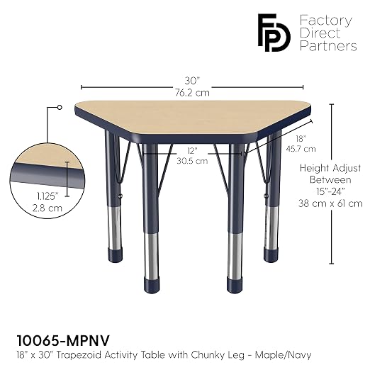 FDP Trapezoid Activity School and Classroom Kids Table (18 x 30 inch), Chunky Toddler Legs for Collaborative Seating Environments, Adjustable Height 15-24 inches - Maple Top and Navy Edge