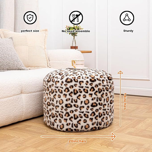 Round Pouf Ottoman 20 x 20 x 14 Inches Boho Poof Home Decor Floor Pouffe Ottoman Foot Rest for Couch Sofa Bean Bag Chairs Living Room Bedroom (Leopard Print)