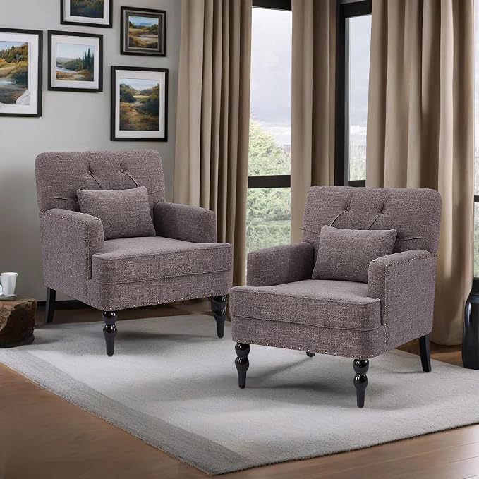 HUIMO Tufted Club Chair Set of 2 with Lumbar Pillow,Accent Chair Upholstered Button Armchair, Linen Fabric Sofa Chairs for Bedroom, Living Room, Mid Century Modern with Reading Chair (2, Gray)