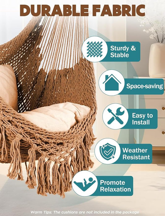 Chihee Hammock Chair Handmade Hanging Chair Cotton Rope Woven Hanging Seat Soft-Spun Large Stretch Hammock Swing, Collapsible Strong Metal Spreader Bar Elegant Macrame Comfort Indoor Outdoor Garden