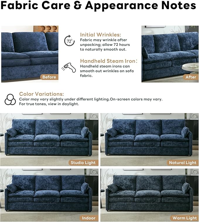 Iroomy 83" Cloud Couch, Chenille Modern Sofa 3 Seater, Comfy Plush Thick Cushions, Pocket Springs, Cloud-Like Comfort Sofas for Small Living Room Apartment, Blue