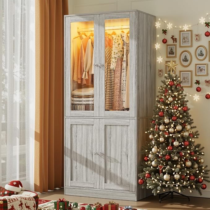 VOWNER 75" Tall Armoire Wardrobe Closet with Drawers & Lights, Clothing Storage Cabinet with 2 Glass Doors & Hanging Rod, Wooden Armoire Storage Cabinet for Bedroom (Grey Oak, 75''H)