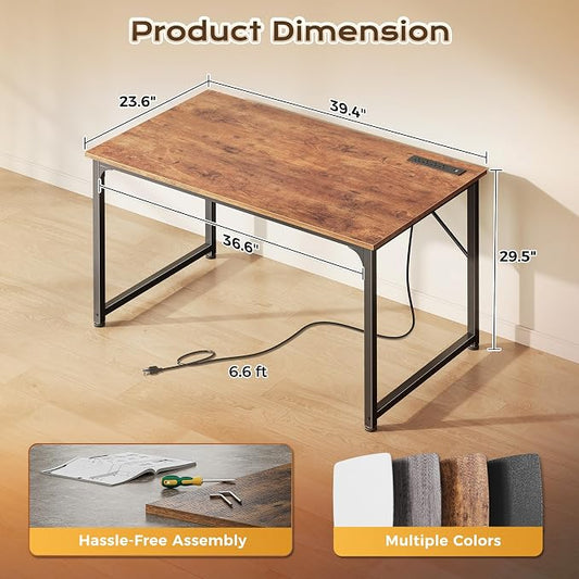 PRAISUN 40 X 24 Inch Deeper Desk with Power Outlets | Small Computer Desk for Bedroom, Office Desk for Work from Home, Writing Study Gaming Table, Stable Metal Frame, Rustic Brown