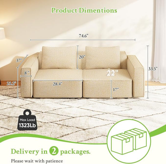 Welzona 75" loveseat Sofa, Comfy Chenille Love Seat, Wood Frame Small Couches for Small Spaces, Tool-Free Setup 2 Seater Modern Loveseat, 22"Deep Seat Sofas for Living Room, Apartment, Bedroom, Camel