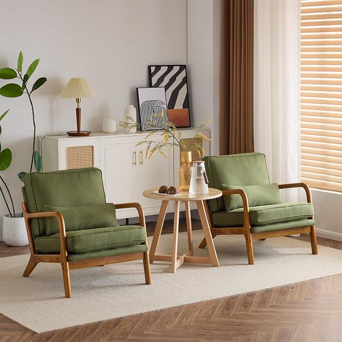 Karl home Accent Chair Mid-Century Modern Chair with Pillow Linen Fabric Upholstered Lounge Arm Chair with Solid Wood Frame & Soft Cushion for Living Room, Bedroom, Balcony, Green