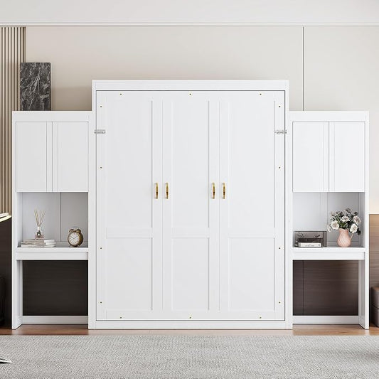 Ball & Cast Murphy Bed Queen Bed Frame with Headboard,Hideaway Bedframe w/Vanity and Cabinets,Wood Wall Cabinet,Slat Support,can be Folded,No Box Spring Needed,for Small Room,White